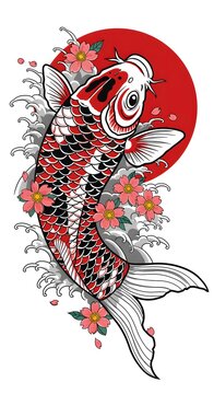 Vibrant Koi Fish Artwork Surrounded by Cherry Blossoms and Waves in a Bold Red Circle