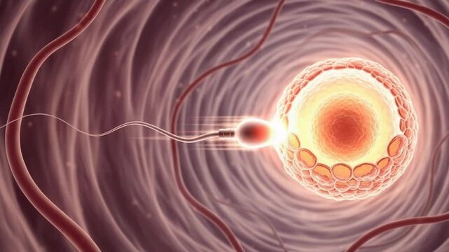 Microscopic illustration of human fertilization showing sperm penetrating an egg for medical and educational usage about reproduction and human biology