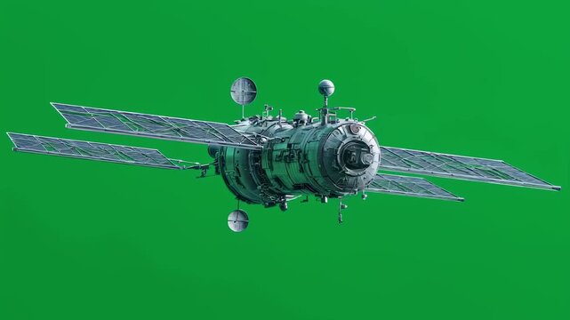 Soviet orbital space station salyut 7 rotating slowly against vibrant green background, providing clean chroma key footage for visual effects and scientific visualization projects