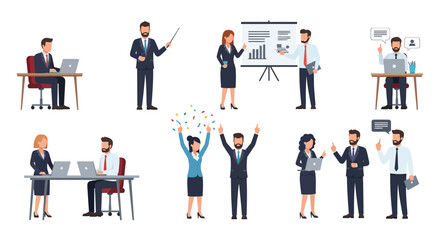Collection of diverse business characters engaged in office work, presentations, and celebrating success