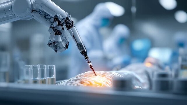 Sharp image of a robotic surgical arm poised over a synthetic patient model with the surrounding polar lab environment softly blurred illustrating precise telesurgery latency