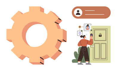 Woman scans face with recognition system at smart door, connected gear icon shows technology and security. Ideal for innovation, smart home, data, privacy, technology, automation, secure access