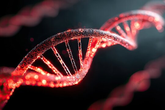 Intricate, glowing DNA helix, red accents, dark background