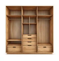 Empty light-brown wooden wardrobe with multiple compartments