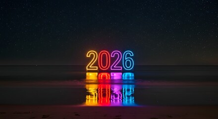 Illuminating 2026: Vibrant neon lights spell out the year 2026 reflecting on the water, sparkling brightly. The futuristic display reflects hope, capturing the spirit of the future.