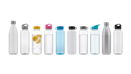 Assortment of reusable water bottles in various colors and materials isolated over black