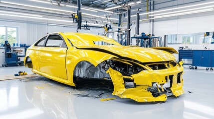 Yellow car body in automotive assembly plant