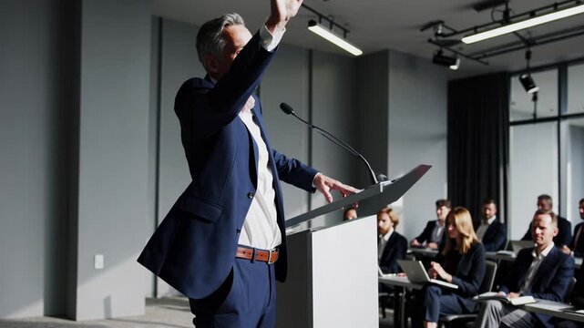 Side-angle video of a business professional speaking at a podium in a modern conference room, engaging an attentive audience.