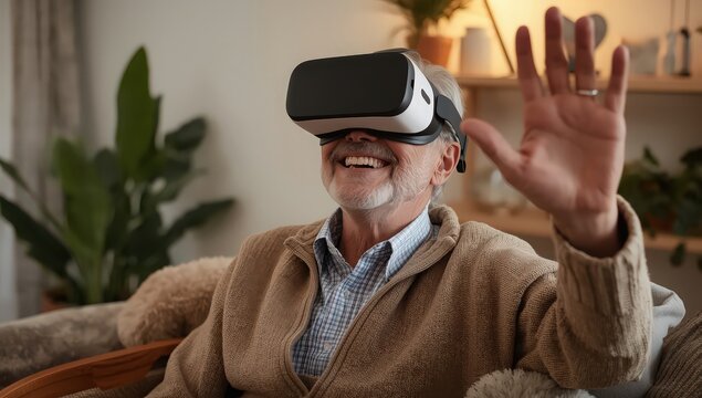 Senior man enjoying immersive virtual reality experience with VR headset at home