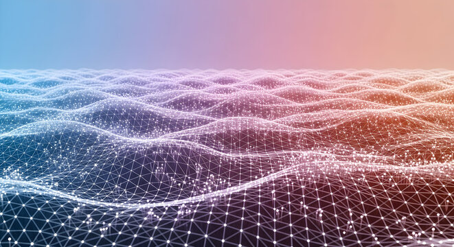 Abstract Digital Waves with Interconnected Network of Sparkling Lights and Gradient Colors in a Futuristic Landscape