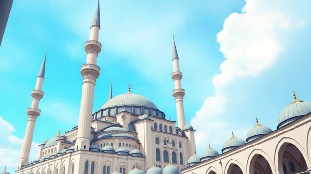 A majestic mosque with towering minarets, a large dome, and intricate arches set against a bright blue sky with fluffy clouds