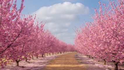 Avenue of blooming pink trees creating a serene, idyllic natural tunnel under a sunny, blue sky.