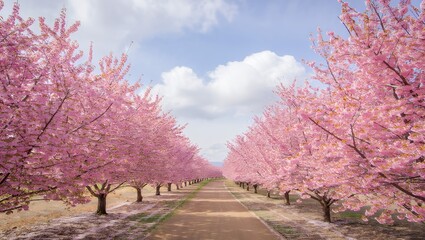 Naklejka premium Blossoming pink trees lining a pathway create a tranquil, idyllic scene with soft, dreamy lighting.