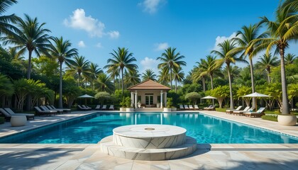 Inviting swimming pool area surrounded by lush palm trees under a bright, clear, blue sky.