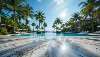 Fototapeta premium Scenic infinity pool reflects azure sky surrounded by lush tropical palm trees in bright daylight.