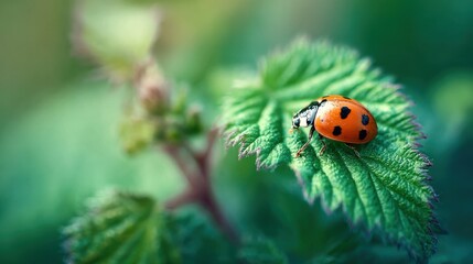 Obraz premium Ladybug on Green Leaf