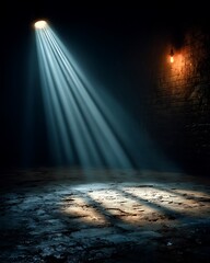 Blue spotlight beams cutting through darkness high resolution picture