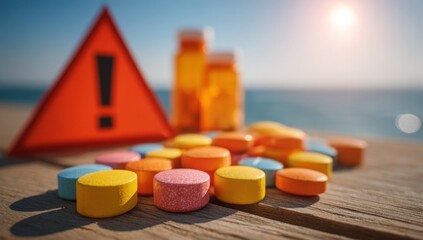 Colorful pills on a beach