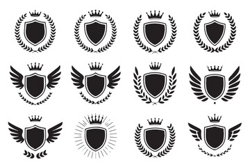 Fototapeta premium shield emblem vector pack heraldic crests with laurel wreath crowns wings black and white