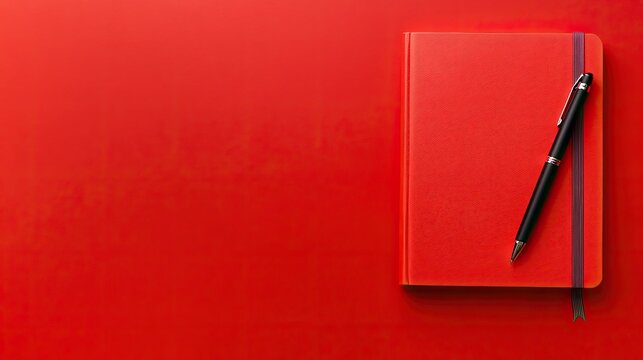 Red notebook and pen on red background