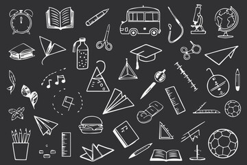 hand drawn chalkboard doodle vector school education icons and stationery tools for learning and teaching chalk material