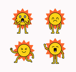 Cute cartoon sun character set with different expressions and emotions