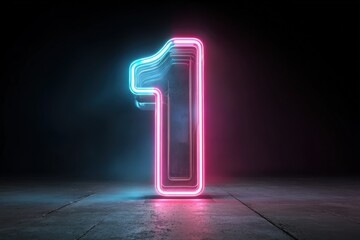 Neon Number One in Pink and Blue Glow with Dark Background for Creative and Artistic Designs