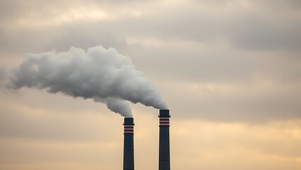 Industrial smokestacks releasing vapor into a cloudy sky, conveying an environmental message with muted tones.