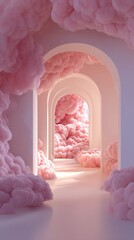 Dreamy pastel archway with fluffy pink clouds creating a surreal and tranquil atmosphere in interior space