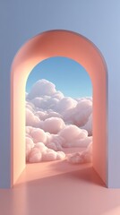 Dreamy Archway Opening to Soft Pink Clouds Beneath a Bright Blue Sky in a Serene Digital Landscape