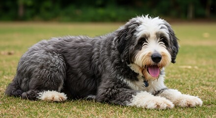 Fototapeta premium Happy fluffy dog rests peacefully outdoors in soft sunlight. AI Generated