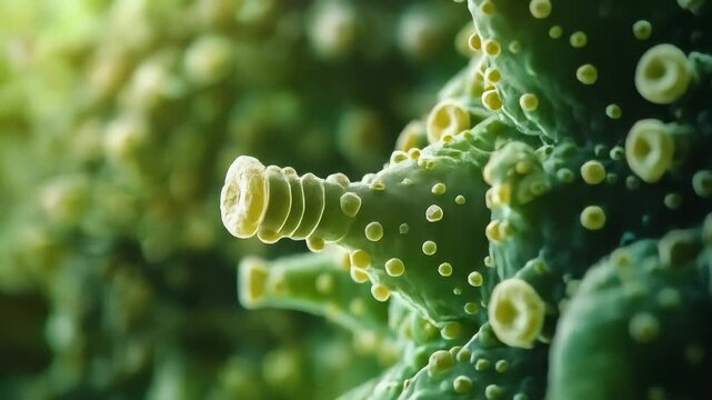 Microscopic view of glandular trichomes on plant surface showing bulbous stalks and spherical cells involved in essential oil secretion
