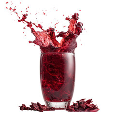 Refreshing Egyptian Karkadeh Hibiscus Tea Drink Splashing in Clear Glass with Petals on Transparent Background