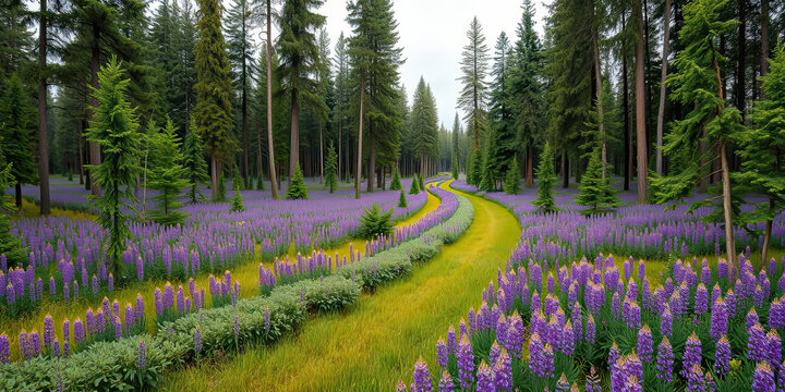 Winding path through forest filled with blooming purple flowers and tall evergreen trees, scenic natural landscape symbolizing tranquility, biodiversity, seasonal beauty, wilderness harmony, and prist