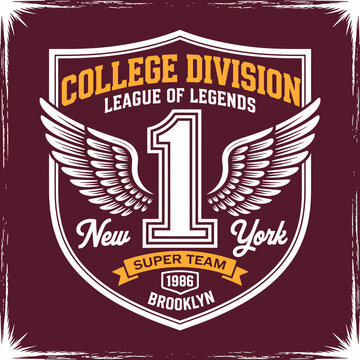 This unique logo design represents a College Division League of Legends team, incorporating elements like wings and bold branding in a stylish and professional manner.