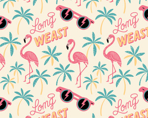 This whimsical pattern showcases flamingos wearing sunglasses, capturing a quirky and fun narrative that embodies the essence of carefree coastal living and summer vibes.