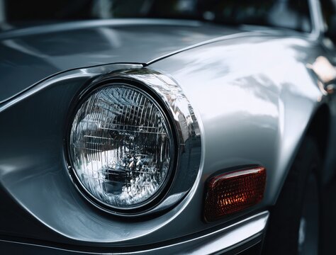 Fototapeta Close-up of a vintage car's headlight and fender. Sleek, silver-gray finish.  Glossy surface reflects ambient light.  Round headlight dominates the foreground.  Chrome accents on the fender