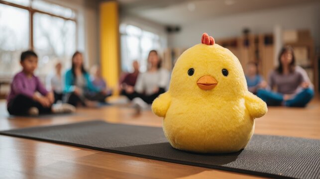 Stuffed Chick on Yoga Mat with Group in Background