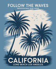 Fototapeta premium This illustration showcases stylized palm trees and gentle waves, invoking a peaceful and relaxing atmosphere associated with the California coast lifestyle and surf culture.