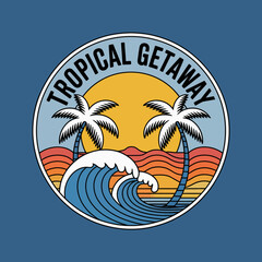 A stylized tropical scene depicting palm trees and a sun above ocean waves, ideal for evoking feelings of warmth, chill vibes, and a carefree lifestyle amidst nature's beauty.