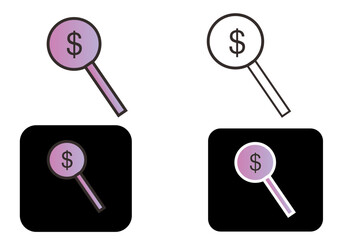 Financial search and analysis icon set with magnifying glass and dollar symbol. Vector illustration for business, investment, and economic concepts on light and dark backgrounds