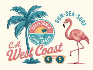 A lively illustration showcasing a palm tree and a flamingo, perfectly reflecting the essence of California's sunny beach lifestyle and vibrant West Coast culture.
