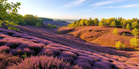Beautiful hillside landscape with blooming purple heather flowers under clear blue sky, scenic rolling hills and green trees in countryside, peaceful tranquil outdoor environment with natural beauty
