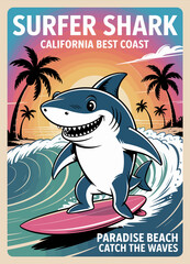 This illustration displays a cheerful surfer shark riding the waves at sunset, embracing beach culture and joyful times at Paradise Beach along California's coast.