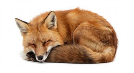 Fototapeta premium Red fox peacefully sleeps curled against bright white background. AI Generated