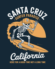 Whimsical skeleton surfer design representing the laid-back charm of Santa Cruz; ideal for surf culture enthusiasts, capturing the essence of fun summer days by the beach.