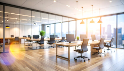 Modern Office Workspace With Large Windows And Wooden Flooring Bathed In Morning Light