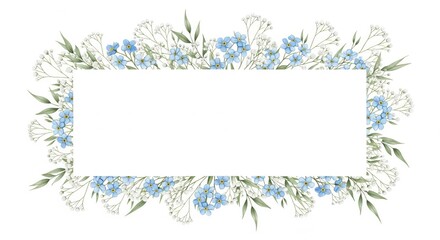 Obraz premium Watercolor floral frame with delicate blue flowers, baby's breath, and greenery. Elegant botanical border for a wedding invitation or greeting card.
