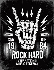 A captivating illustration of a skeleton hand gesture, accentuated with lightning bolts, embodying the high energy of the Rock Hard International Music Festival.