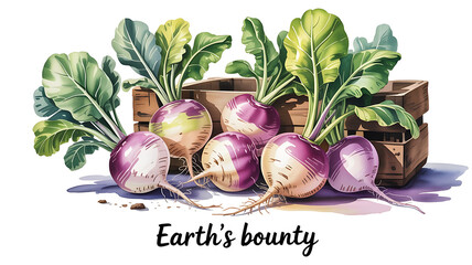 Fresh Harvest Turnips with Green Leaves and Wooden Crates Illustration.